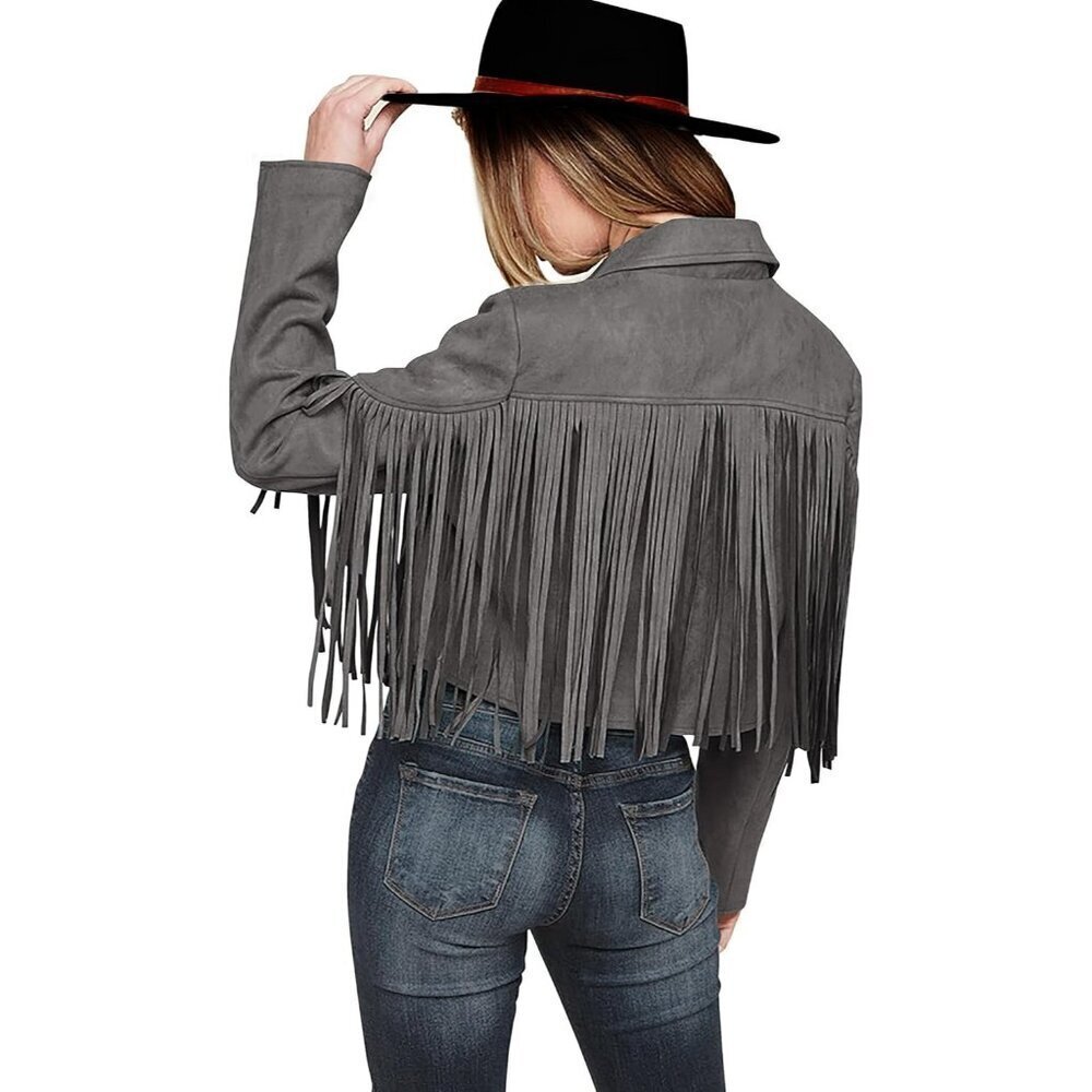 🆕Women's Grey Fringe Faux Suede Leather Jacket Tassel Cropped Fal 2025 Coat